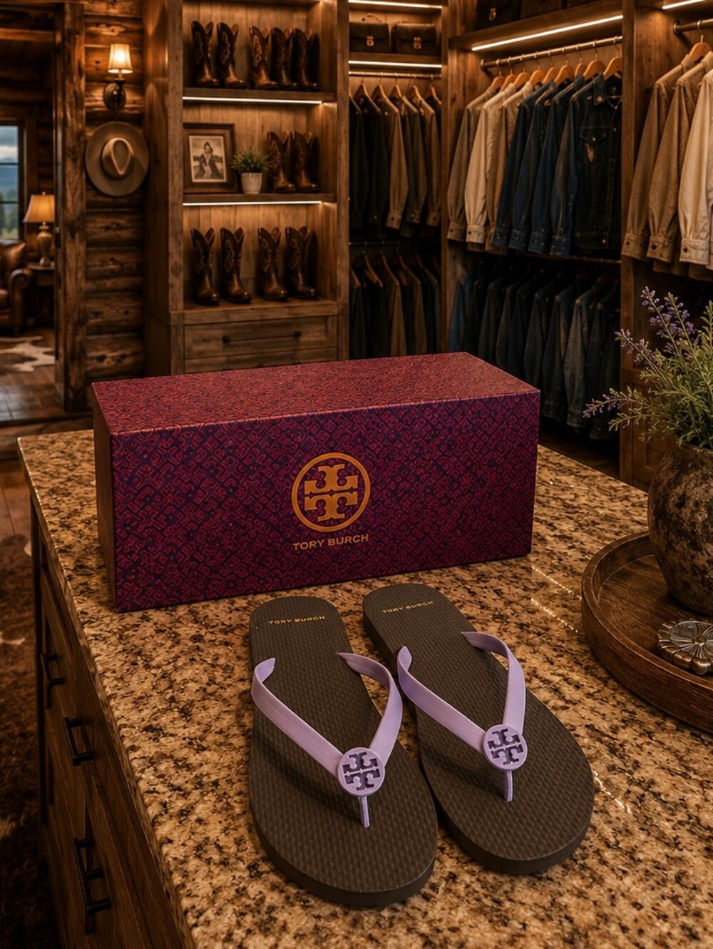 Tory Burch Black Flip Flops with Lilac Straps